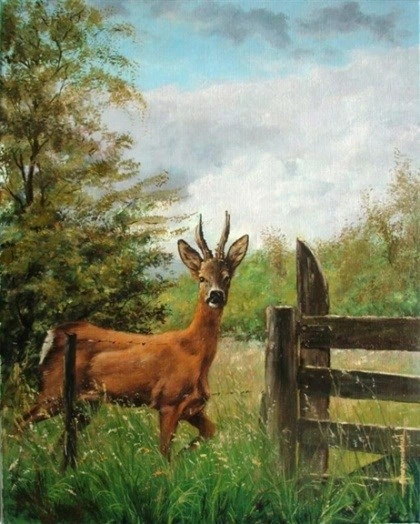 Schilderij reebok, bij het hek; schilder Franz van de Kuil 