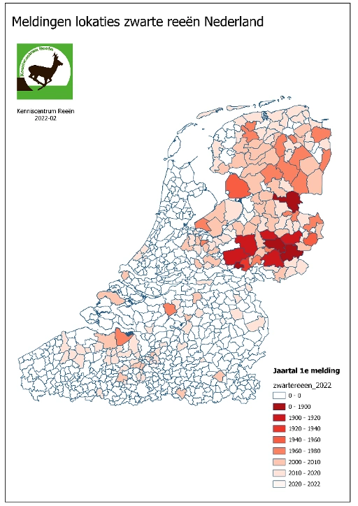 Kaart: Meldingen zwarte reeën Nederland 2020